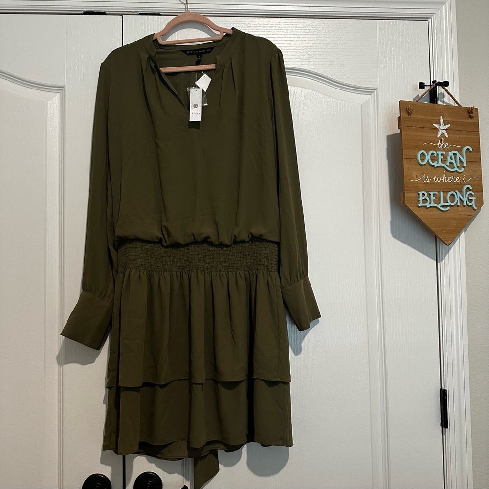 White House Black Market Tie Neck Blouson Dress NWT Dark Green Sz Lg